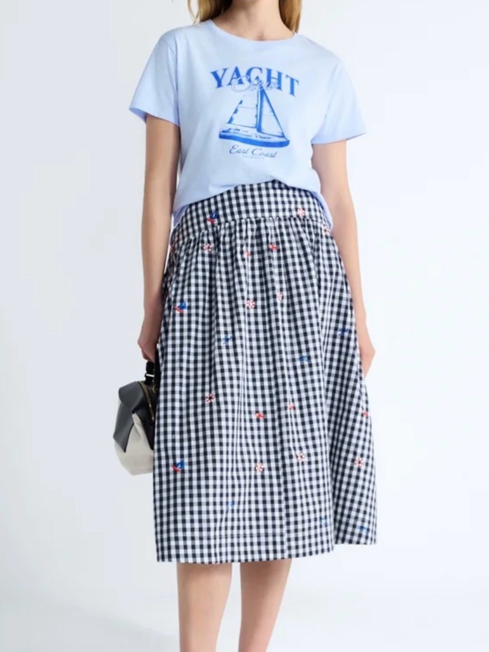 NWT Navy and White Gingham Midi Skirt with Nautical Embroidery Free Assembly - Picture 8 of 10